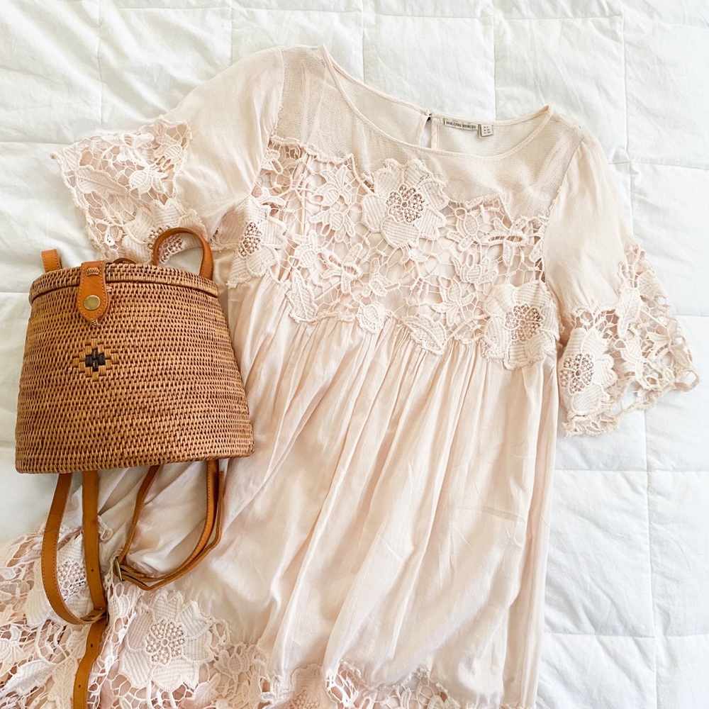 Creamy Peach Blush Floral Embroidered Shift Dress